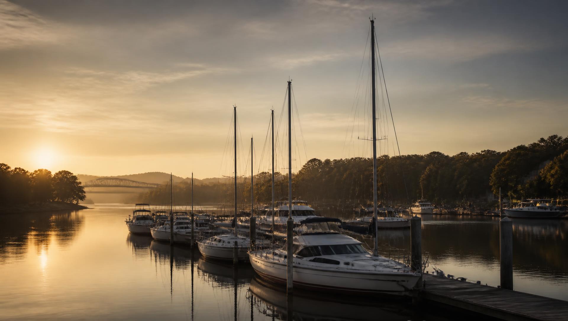 Bateaux amarrés aux quais de la Marina de Longueuil au coucher du soleil