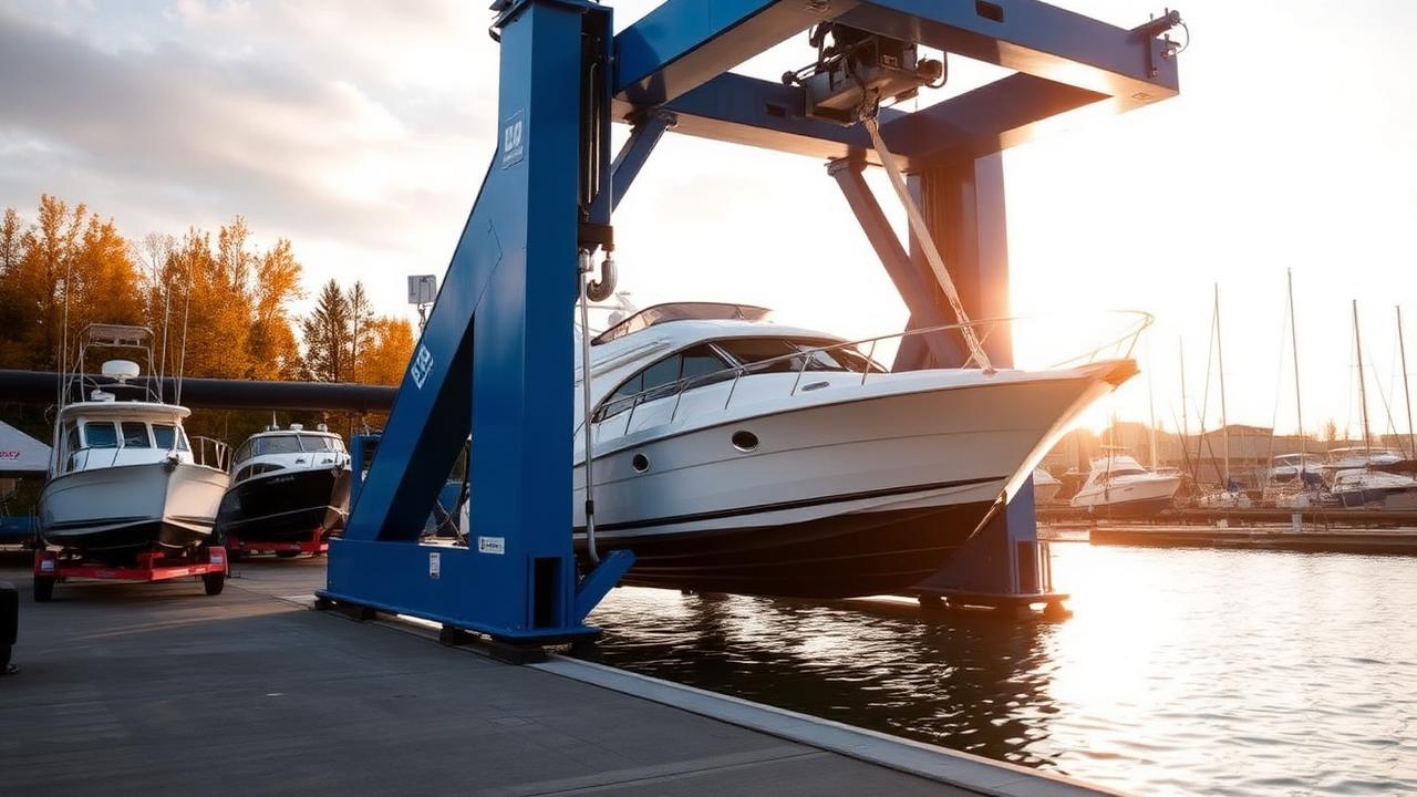 Travel lift sortant un bateau de l'eau à la Marina de Longueuil